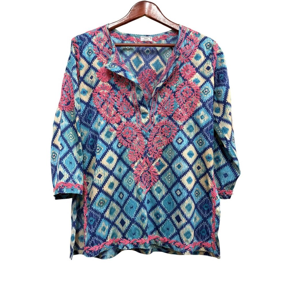 Lucero Castelazo Blue & Pink Embroidered Tunic Top Made in India Medium